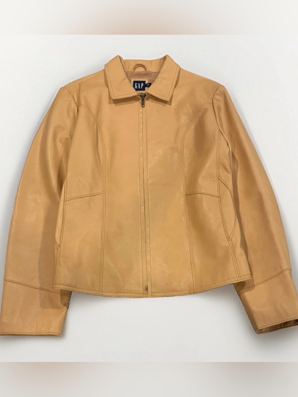 Vintage Y2K Gap Leather Jacket Camel Tan Brown Size Large Rare Full Zip Soft